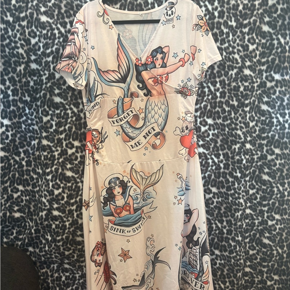 Tattoo Print Dress with Mermaid Design